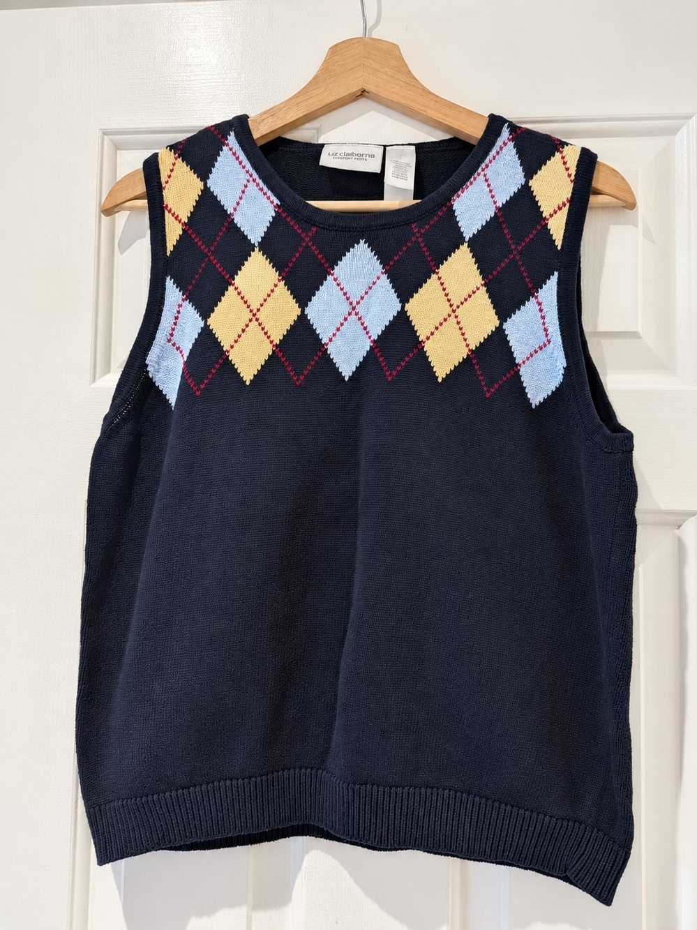 Vintage Liz Claiborne Argyle Knit Vest 100% Cotton Navy Blue S Preppy 90s Grunge